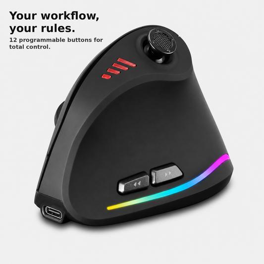 Programmable side buttons on a vertical ergonomic gaming mouse