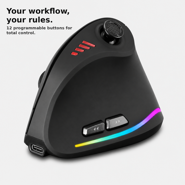 Programmable side buttons on a vertical ergonomic gaming mouse