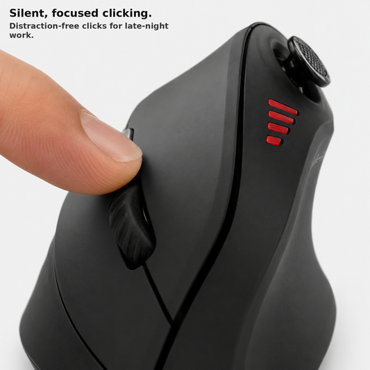 Finger pressing the silent click button on an ergonomic mouse
